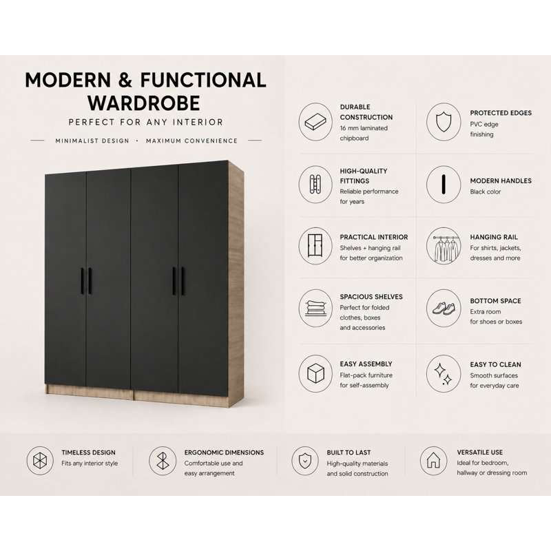 Nitra 4 Door Solid + Manufactured Wood Wardrobe, Sonoma/Black