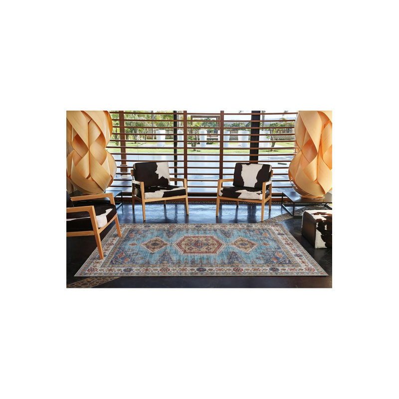 Tapis décoratif bleu et gris lavable à la machine, Sous-tapis carré 3 pi 3 po inclus
