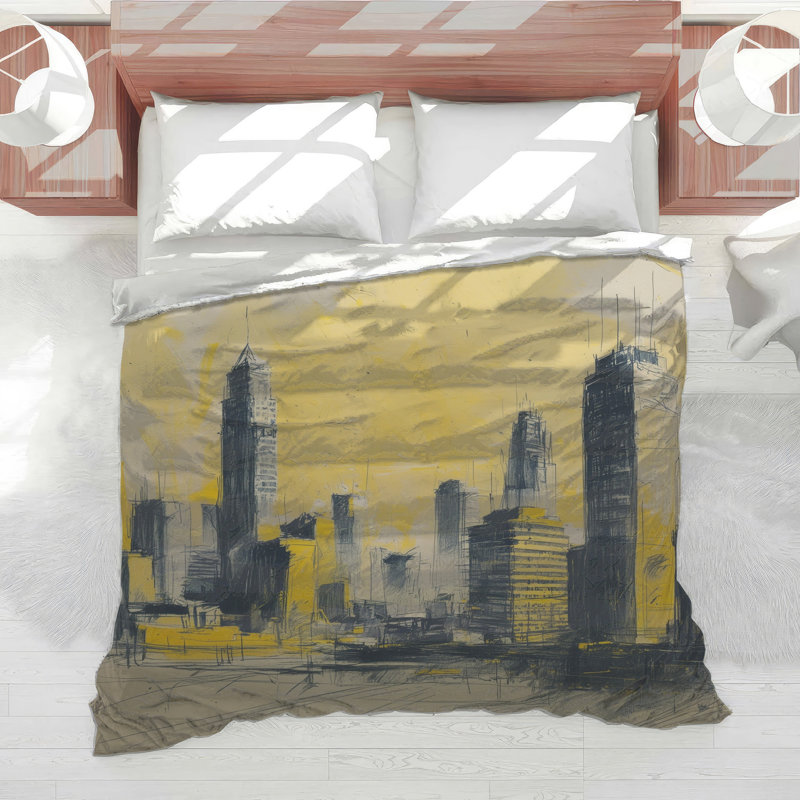 Yellow Cityscape Sketch Comforter, Queen