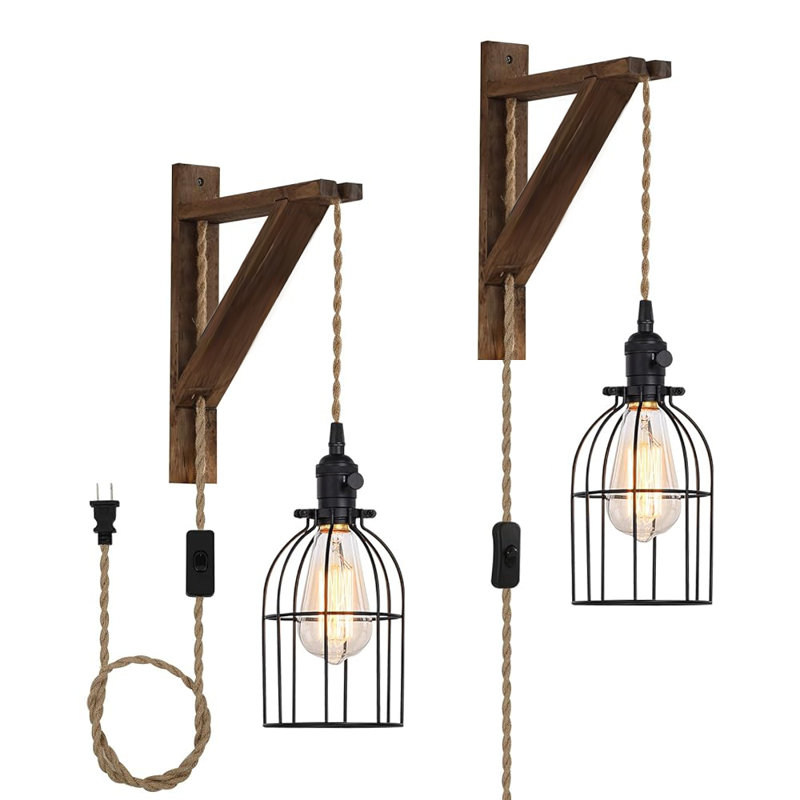 Plug in Wall Sconces Set of 2, Vintage Wood Wall Lamps