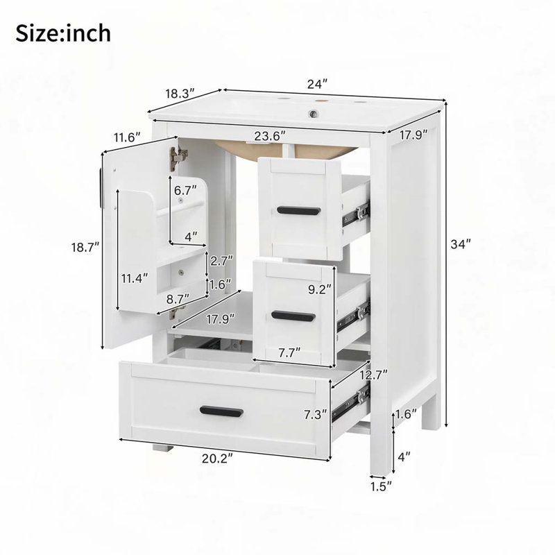 Meuble-lavabo de salle de bain avec lavabo en céramique, 3 tiroirs et 1 porte, rangement polyvalent, Blanc