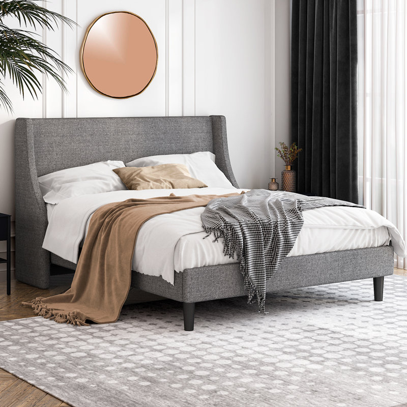 Lit plateforme tapissier Toderick avec aile de luxe et mélange de lin, Double, Gris clair