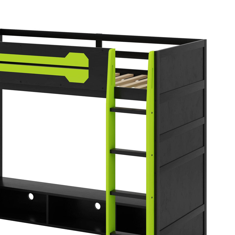 Lit mezzanine simple avec bureau et lumières RVB, structure de lit mezzanine en bois avec tablettes de rangement et station de charge