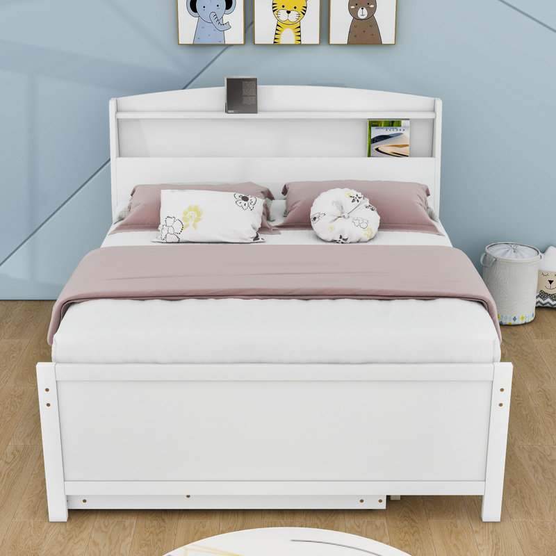 Lit plateforme en bois Sinit avec tête de lit DEL, tiroirs et lit gigogne simple, Complète