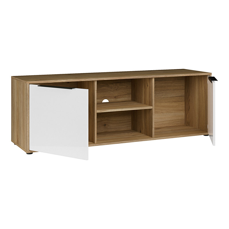 Tasharra Minimalistic TV unit with 2 doors and open shelving, living room, engineered wood, cable management, warm oak decor, 152.6 cm W x 49.7 cm H x 41.4 cm D