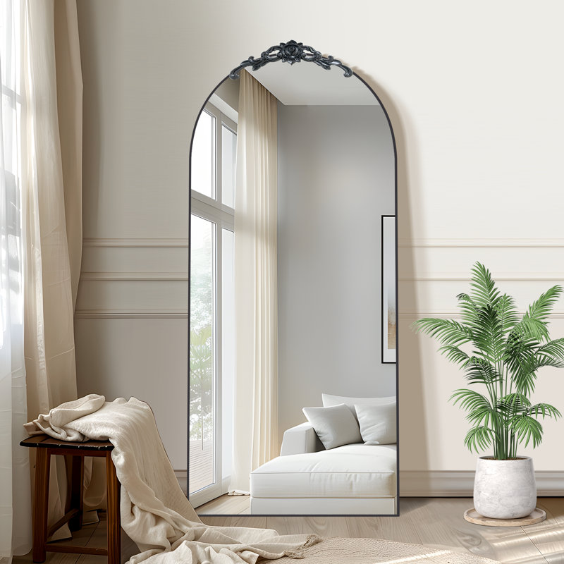Arch Wood Full Length Mirror Freestanding Mirror Wall Mirror with Carved Design, Black, 71" x 31"