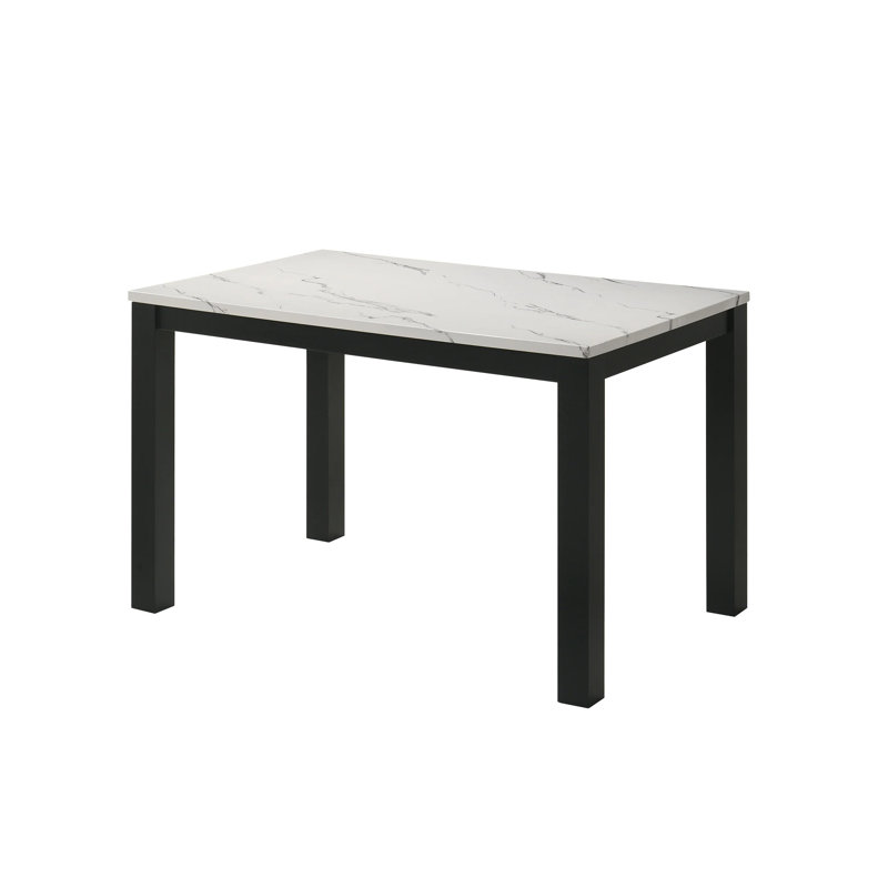 Syon Dining Table, 47 Inch White Faux Marble Top, Black Wood Legs, White