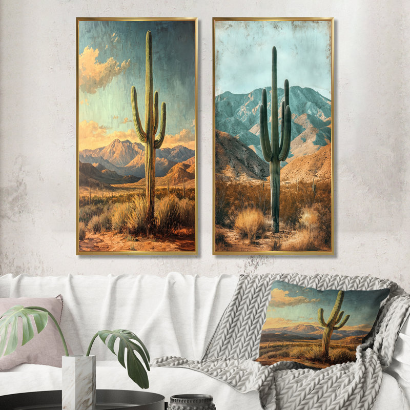 Cactus et les Collines du Désert I - Art sur toile floral, collection 2 panneaux, H 28 po x l 25 po, Cadre flottant doré