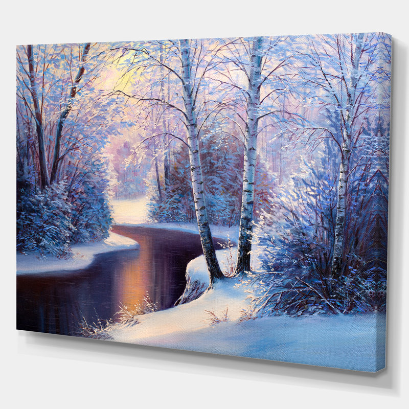 «Winter Forest in River Sunset - Landscape», peinture, H 16 po x l 32 po x P 1 po, Toile tendue
