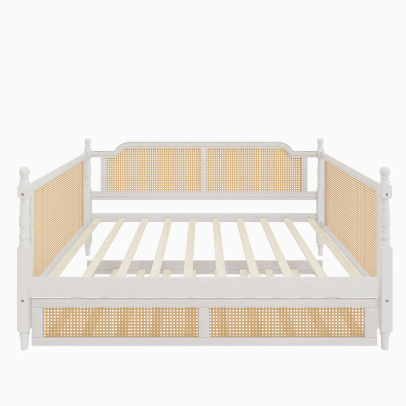 Traditional Style Rattan Daybed with 2 Drawers, Full, Antique White