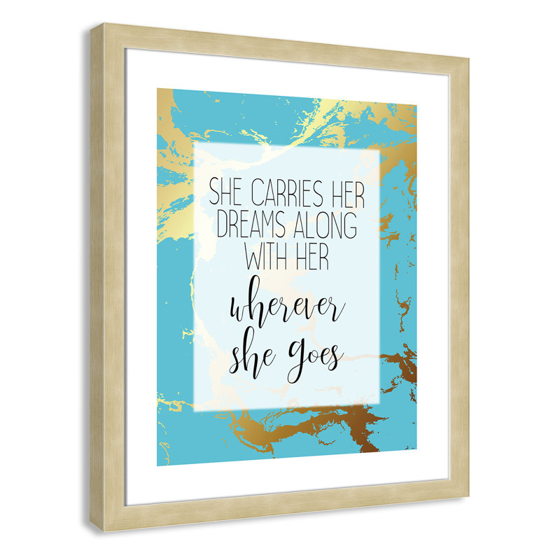 «Whereever she goes», art encadré, H 26,5 po x l 22,5 po x P 0,63 po, Encadré plat champagne