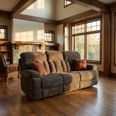 3-Seater Reclining Sofa With Drop Down Table, Plush Fabric Manual Recliner Couch With Cup Holders, Brown