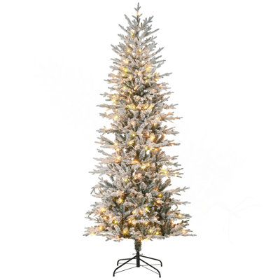 7.5Ft Tall Prelit Artificial Christmas Tree Holiday Décor With 850 Snow Flocked Branches, 350 Warm Yellow Clear Lights, Auto Open, Extra Bulb