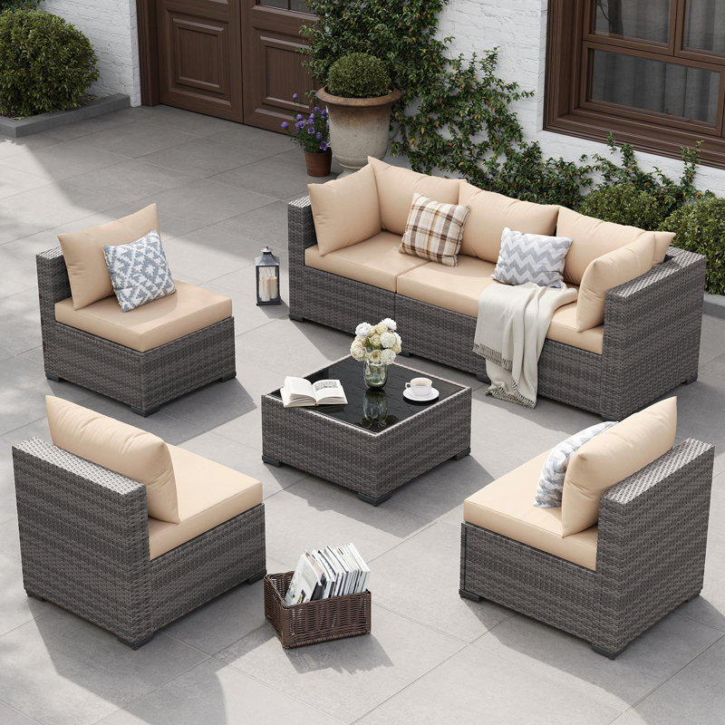 Ensemble de conversation de patio 7 pièces avec table basse et coussins, Beige