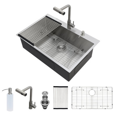 Évier de cuisine encastré 30 po avec robinet escamotable et distributeur de savon - 30 po x 22 po x 10 po à cuve simple en acier inoxydable de calibre 16