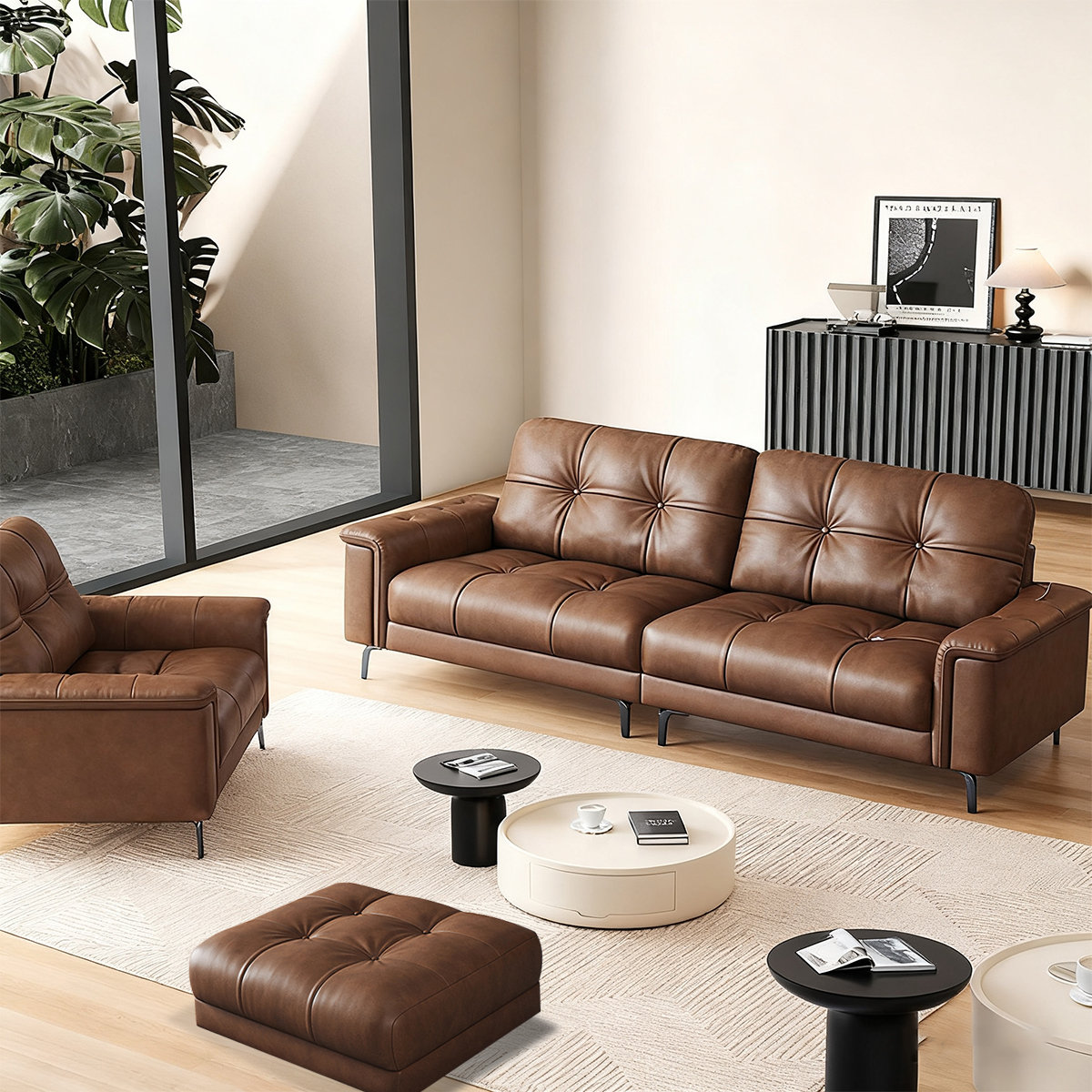 Orren Ellis Brown Genuine Leather 3 - Piece Living Room Set | Wayfair