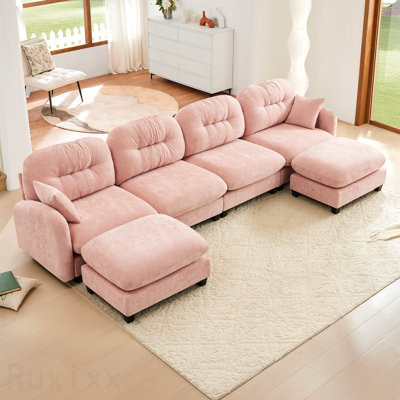 U-Shaped Sofa Ideal For Relaxing Weekends Modular Sectional Couch With Ottoman,Soft Chenille Fabric Tufted Cushion Backrest Design,High-Density Foam Ergonomic Design,Elegant Armrests,Easy Install Fits Bedrooms Living Rooms,Pink