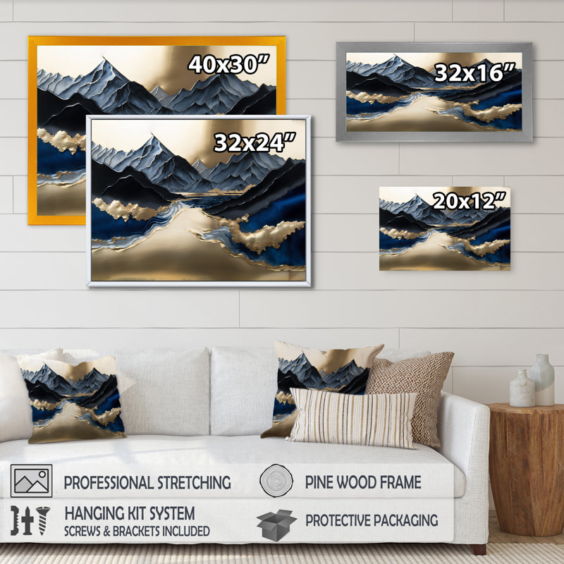 Geismar Golden Mountains And River - montagnes, impression sur toile, Cadre simple noir, H 12 po x l 20 po x P 1 po