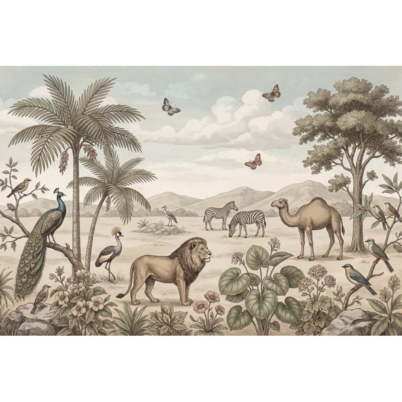 Papier peint rétro, paysage de lion, savane, 120 po x 96 po, Textured Non-Pasted