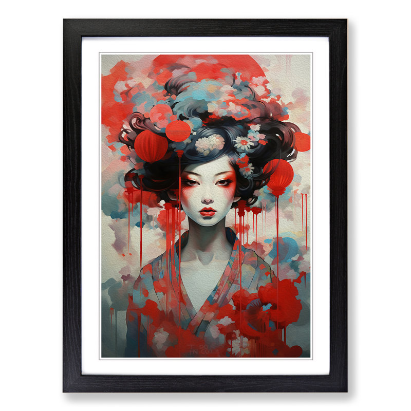 Geisha Dadaism Art - Framed Print, 46cm H x 34cm W, Black Framed