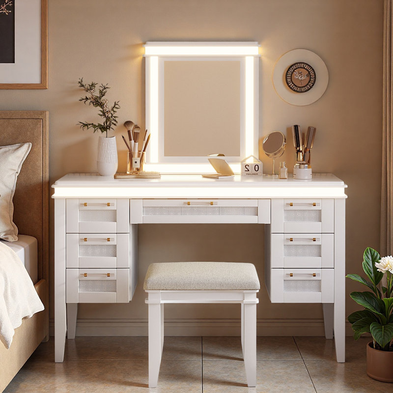 Vanity Desk With Mirror And Lights, 7 Drawers And Cushioned Stool, Light Beige