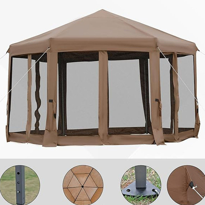 Hexagonal Pop Up Gazebo, Outdoor Canopy Tent with 6 Mesh Sidewall Netting, 3-Level Adjustable Height, Brown