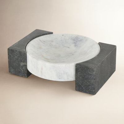 Alexy And Grey Marble Round Geometric Tray With Black Rectangular Blocks