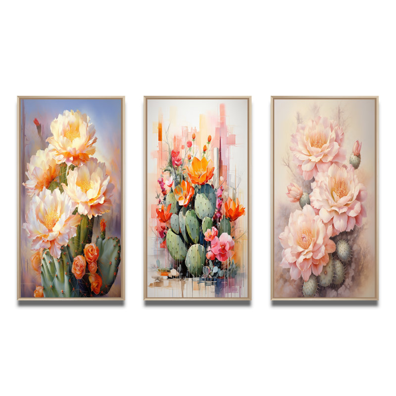 «Pink Green Cactus Romantic Impression», 3 pièces sur toile, Encadré naturel, H 28 po x l 36 po