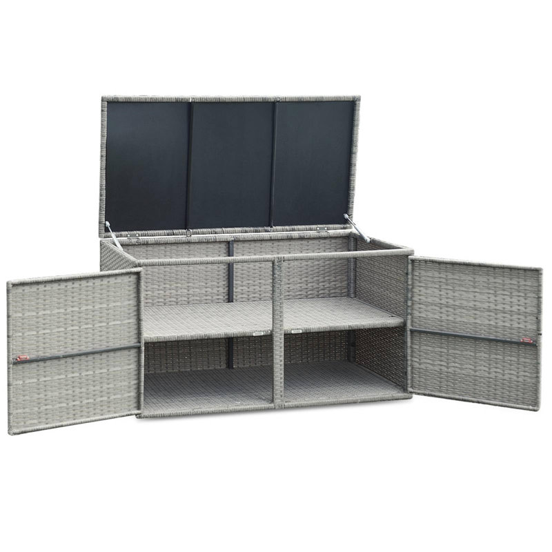 2-Tier Garden Storage Box, 2-Way Opening Rattan Deck Box Chest With Flip-Top Lid, Outdoor Weatherproof Storage Organiser With Metal Frame For Toy Cushion Poolside Patio Balcony