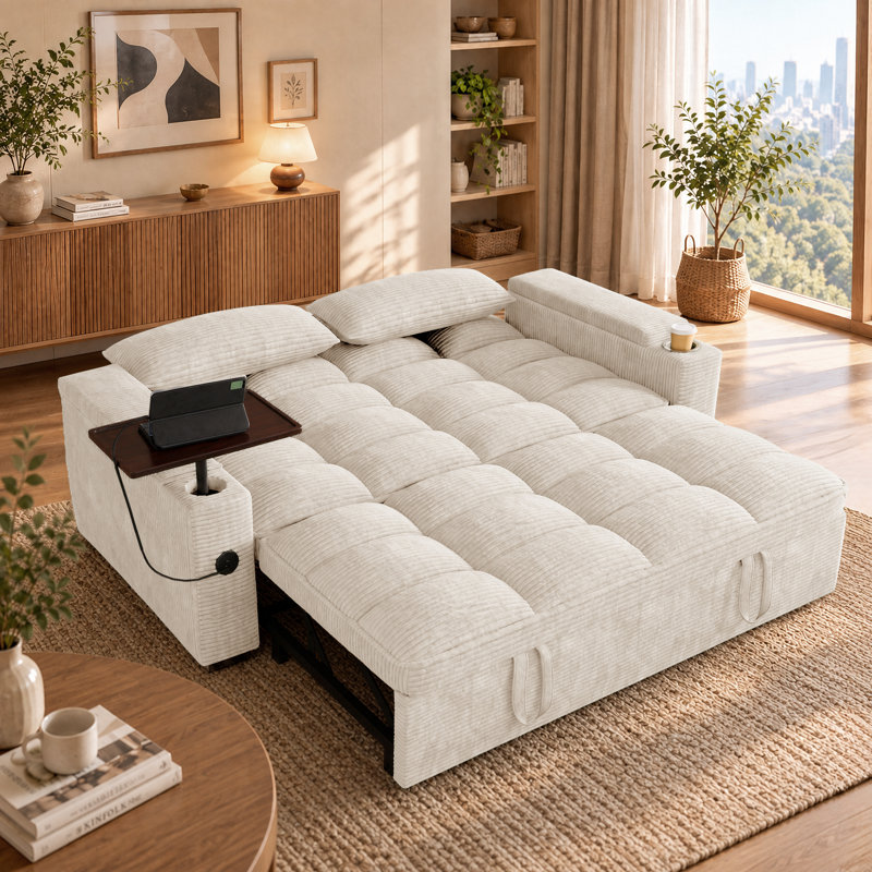 Canapé-lit convertible 65 po Corduroy, causeuse escamotable avec table d'appoint, ports de chargement USB et poche de rangement, canapé-lit moderne