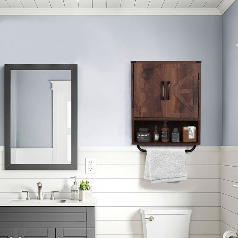 Armoire de salle de bain murale 19,3 W avec porte de grange en X à 2 portes Jodiann, Noyer foncé