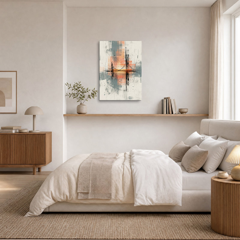 Tableau abstrait orange sur toile représentant un pont suspendu, H 48 po x l 36 po