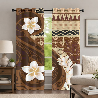 2Pcs Floral Pattern Curtains, Polynesian Tribal Style Curtain, Vintage Tropical Flower Printed Grommet Drapes, Window Treatment for Bedroom Living Room Decor