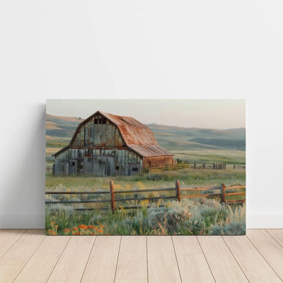 1Pc Framed Canvas Poster Print Rural Barn, Rusted Roof with Wildflower Meadow, Realistic Pastoral Style Wall Art Decor, Perfect for Room Decor Living Room Bedroom Office Kitchen Bathroom Home Decor, Ideal Home Wall Decoration Gift, 2D Flat