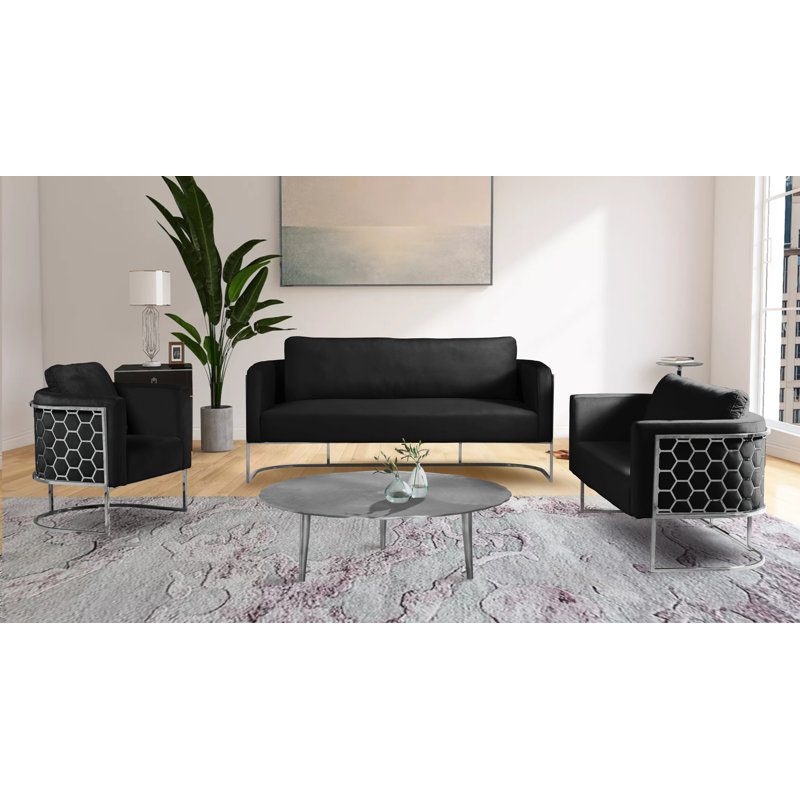 Casa 75.5'' Velvet Sofa, Black Velvet, Chrome