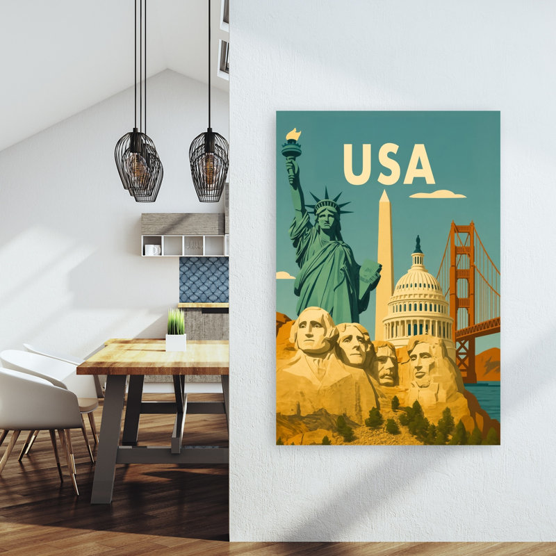 Visit The Usa Vintage Abstract Architecture Mountain Wall Art Print 1 Piece Wrapped Canvas Wall Art, 152.4cm H x 101.6cm W