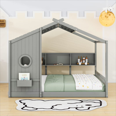 Wood Floor House Bed With Roof And Shelves