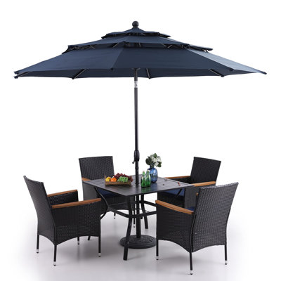 Leonard 6-piece Metal Patio Outdoor Dining Set With Umbrella, Pe Rattan Wicker Chairs, Navy Blue Cushions, Square Diningtable