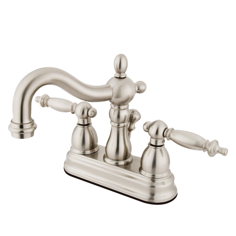 Kingston Brass Heritage Two-Handle 3-Hole Deck Mount 4" Centerset Bathroom Faucet with Plastic Pop-Up, Brushed Nickel