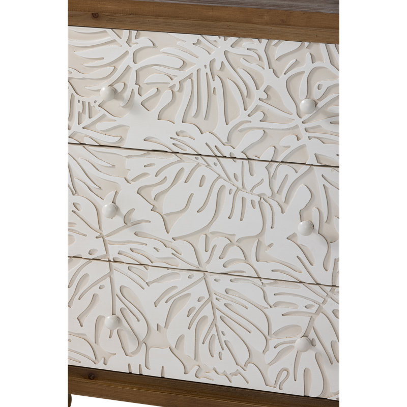  Rustic Farmhouse Dresser with Carved Leaves Pattern and 3 Drawers, White