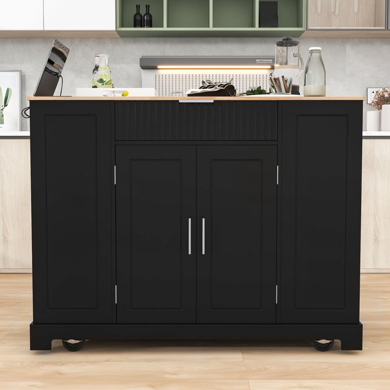 Rolling Kitchen Island Cart with Built-in Power Outlet, Storage Cabient and Trash Can, Black