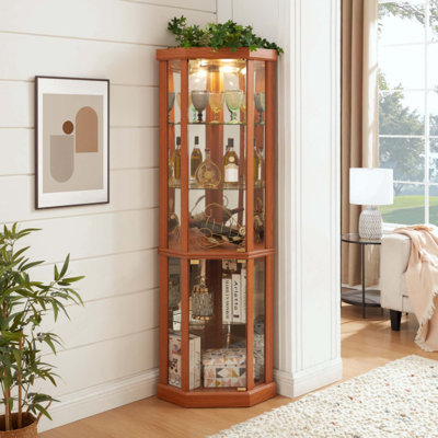  Lighted Curved Curio Cabinet, American Style Glass Display Case with Adjustable Shelves & Mirrored Back Panel, Multi-Functional Storage Cabinet for Wine Antique Collection Living Room Bar