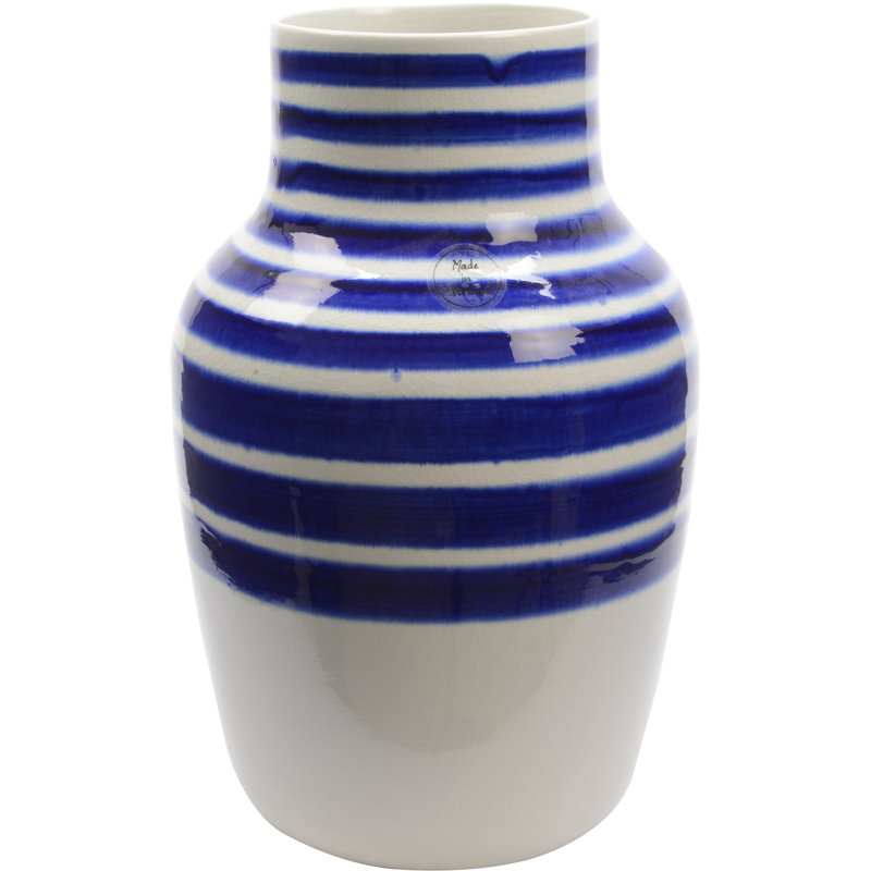 Vase cylindrique en céramique 14 "à rayures bleues et blanches 14"