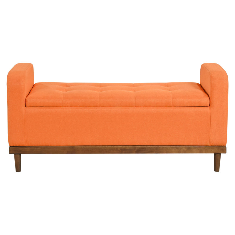 Banc Mid-Century moderne en bois massif avec finition noyer avec rangement sur le dessus pour chambre à coucher en tissu
