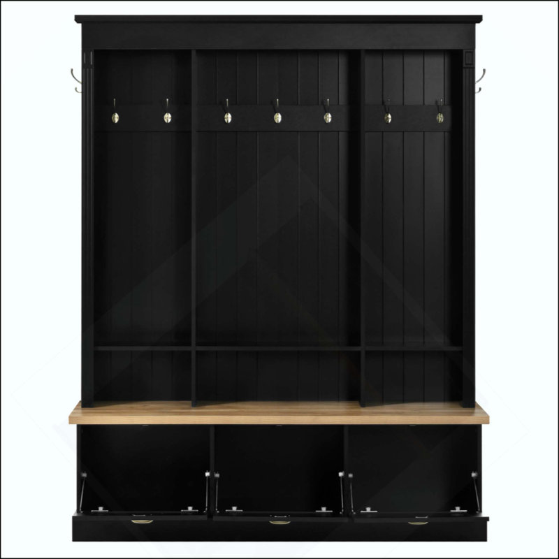 Elegant APP Controlled LED Light Hall Tree With 9 Hooks, Roman Column Design  Storage Bench With 3 Cabinets, Farmhouse Entryway Organizer With Shelves For Hallway