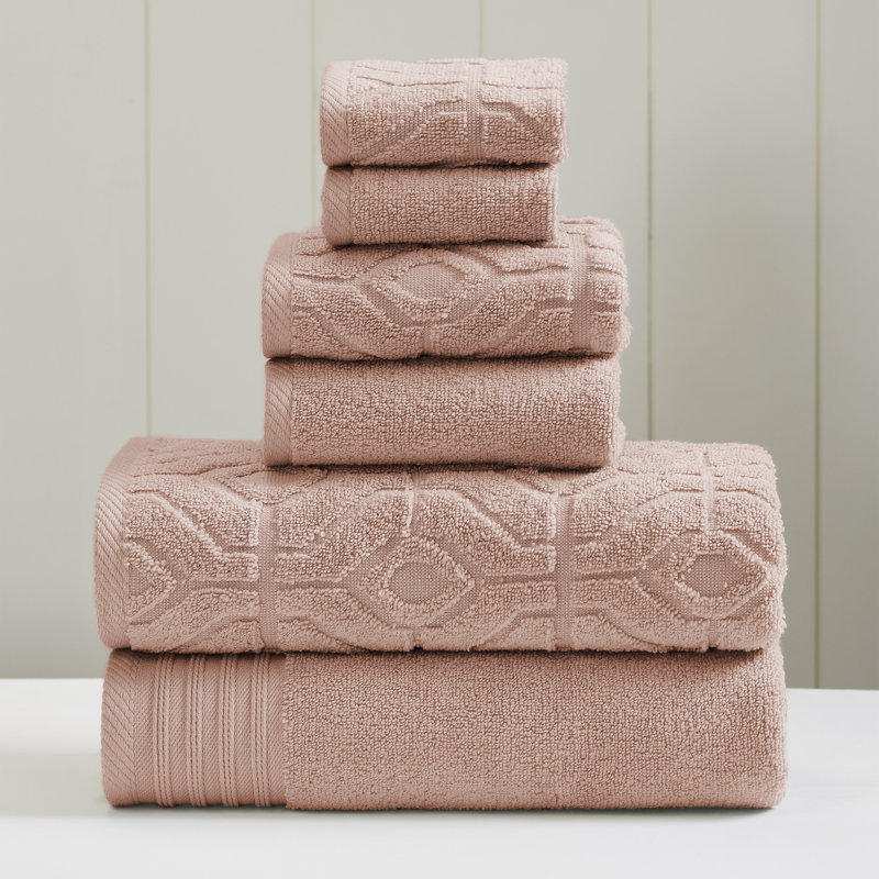 Modern Threads 6 Piece Set, 2 Bath Towels, 2 Hand Towels, 2 Washcloths, Diamond Gate Jacquard/Solid Towel Set, Dusty Rose