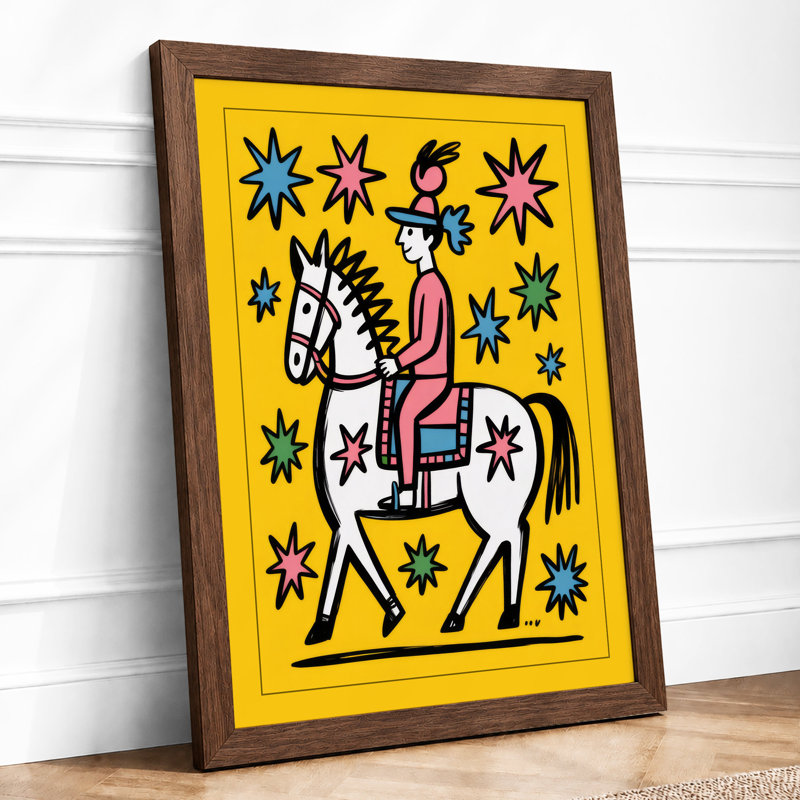 Rider on Starlit Horse Folk Art - Framed Print, A1 - 84.1 x 59.4 cm, Walnut
