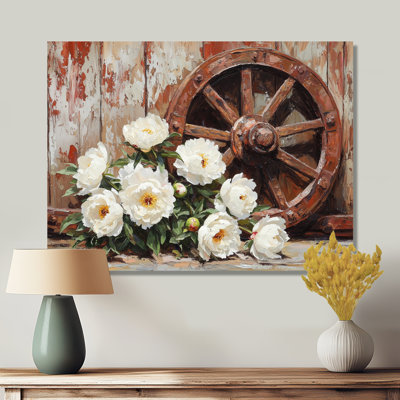 Peonies By The Wagon Wheel III - Traditional Metal Art Print, Peonies Metal Wall Decor