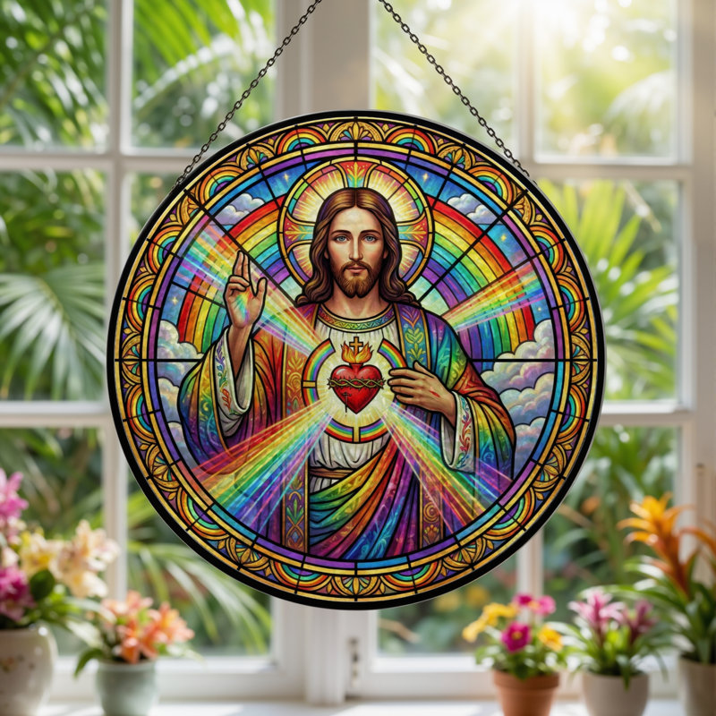 Panneau de vitrail Sacred Heart, H 12 po, H 12 po