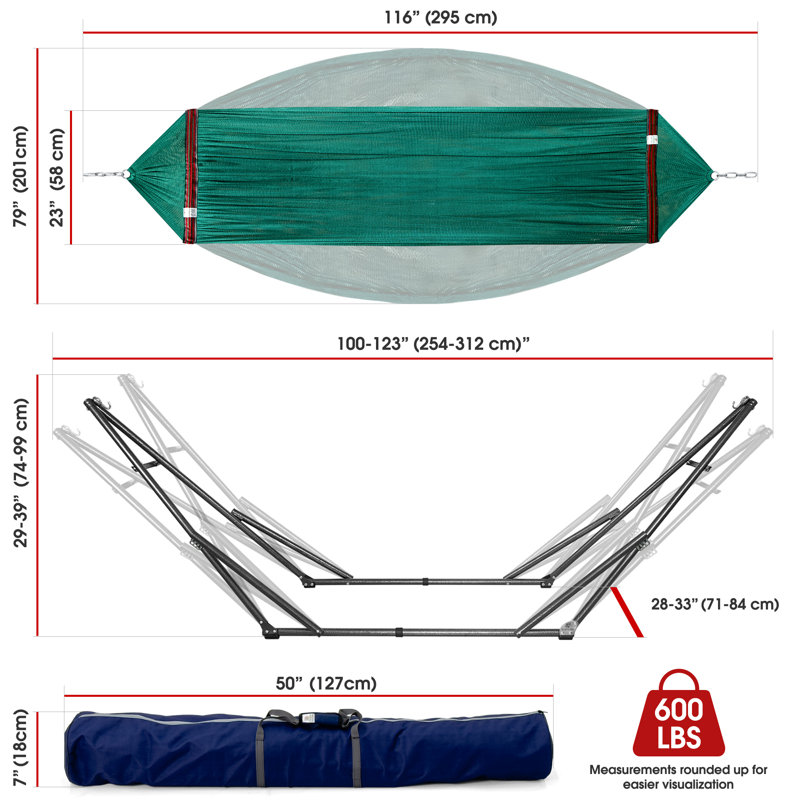 Tranquillo Foldable Hammock Stand, Collapsible Camping Hammock and Stand Set, 600 lbs Capacity Double Hammock Stand for 2 Persons, Premium Steel Stand and Breathable Polyester Hammock Net, Peacock